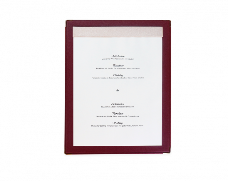 Elegante Klemmkarte mit robustem Hardcover für Tagesempfehlungen, Menüs oder Weine: Modell Magnetkarte 1-seitig