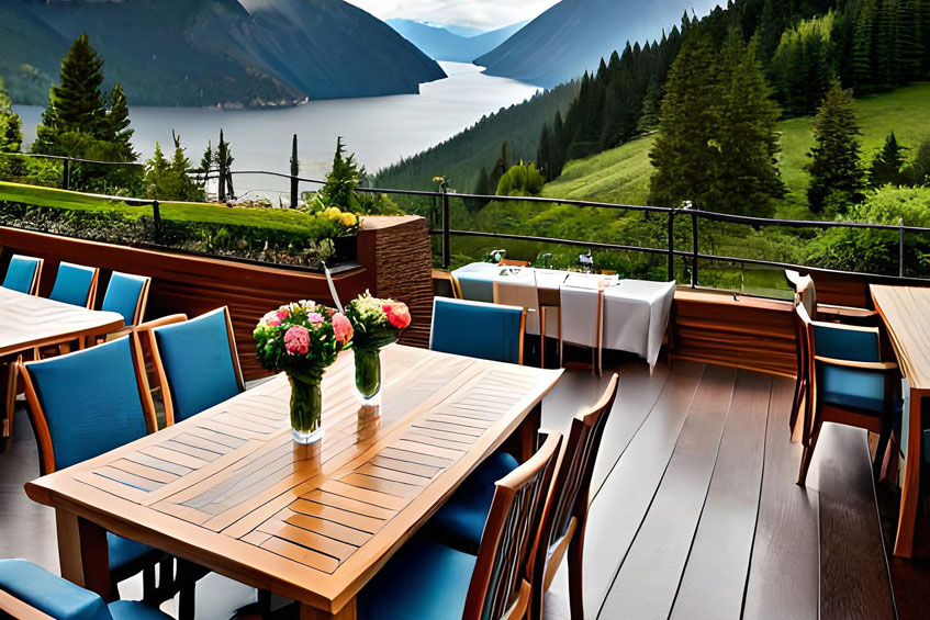 Outdoor area of a restaurant in the mountains