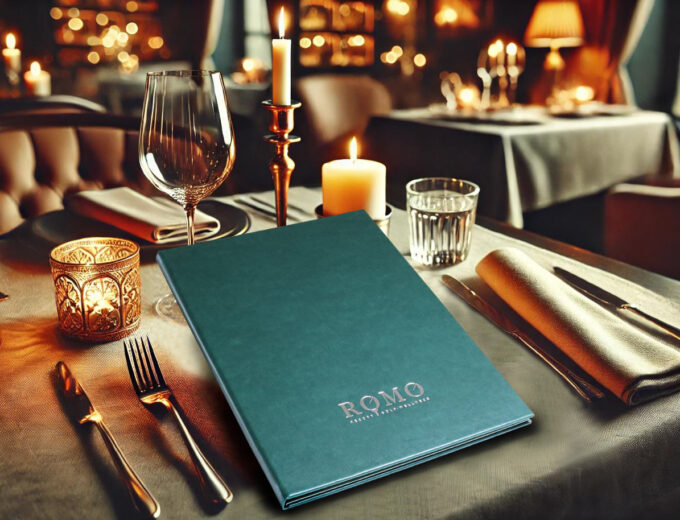 Speisekarte mit blauem Stoffbezug und Logo ROMO