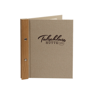 Rustikale Speisekarte mit Umschlagmaterial nach Wahl, Cover mit Holzleisten und Buchschrauben: Modell Wood Back